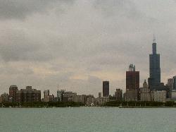 Chicago skyline from the harbour cruise boat.  The Chicago Hilton (left) and Sears Tower (right) are in photo.