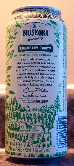 Front view of Legendary Oddity beer can.  Brewed as a Belgian Style beer by Muskoka Brewery.  Produced in 2017.  Inscription says: Legends date back to the 1800’s when lumberjacks and fur traders took to the woods and encountered the mysterious culture and wildlife in the Northern region. Today, we echo our ancestors’ quest and have unearthed the spring season’s most distinct offerings. Brewed with a Belgian style in mind, this culmination of unique ingredients rests in our Legendary Oddity brew. We invite you to Release The Legend.