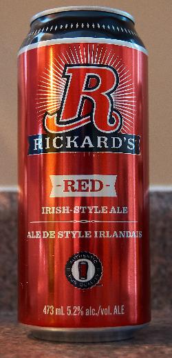 A photo of the front of a Rickard's Red beer can. Brewed by Molson's Brewery in Canada.